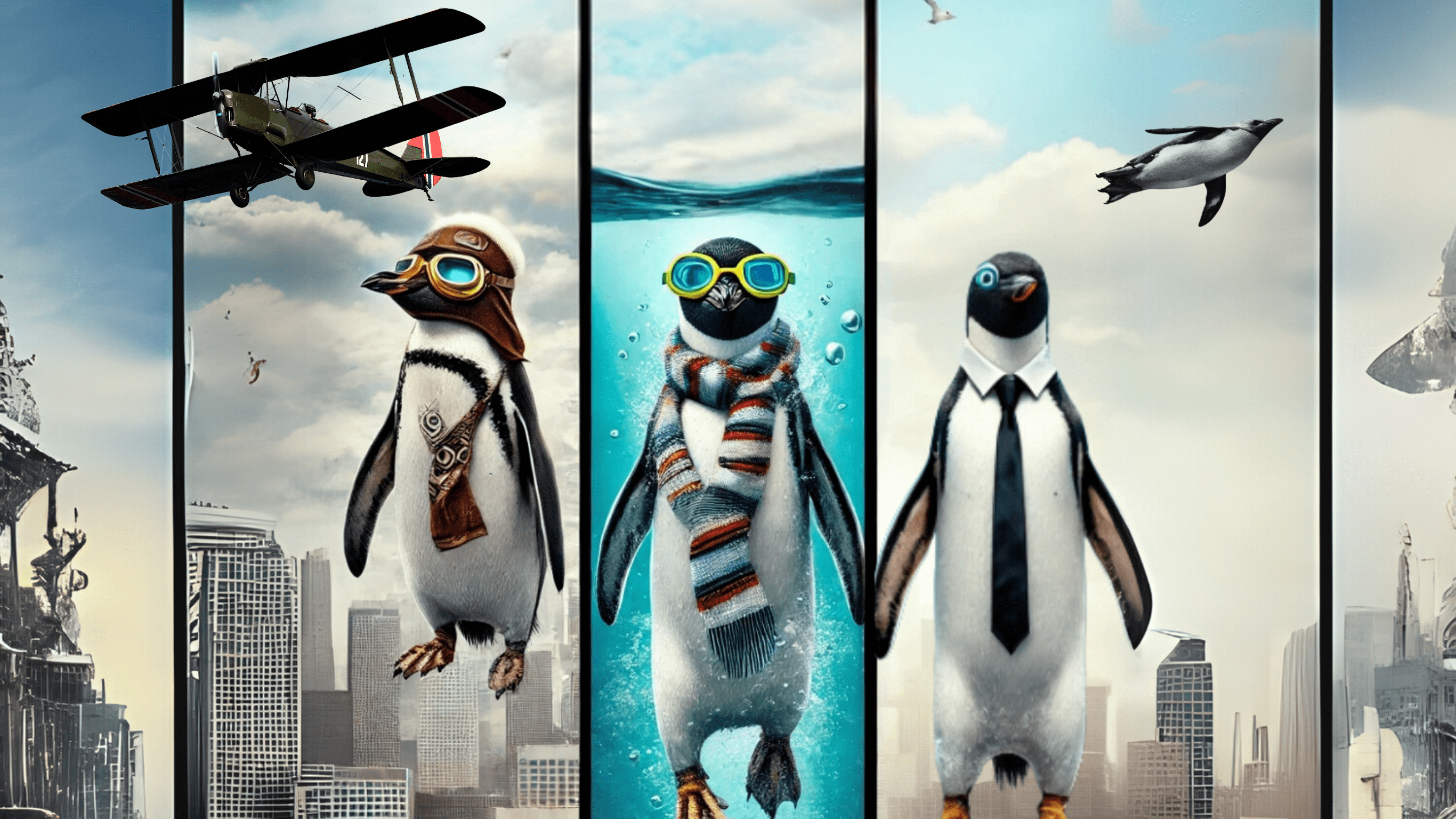 空を飛ぶペンギン、泳ぐペンギン、歩くペンギンのイラスト